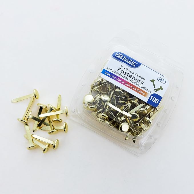 BAZIC Products Brass Plated Fasteners 1 Inch, Round Head Paper Fastener Brads for Office School Organization Scrapbooking Art and Crafts (100/Pack), 24-Pack