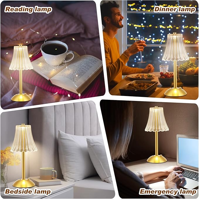 Liliful 4 Pcs LED Portable Cordless Table Lamp Touch Battery Operated Rechargeable Gold Desk Lamp 3 Color Dimmable for Bedroom Living Room Dining (Gold,Rose Style)