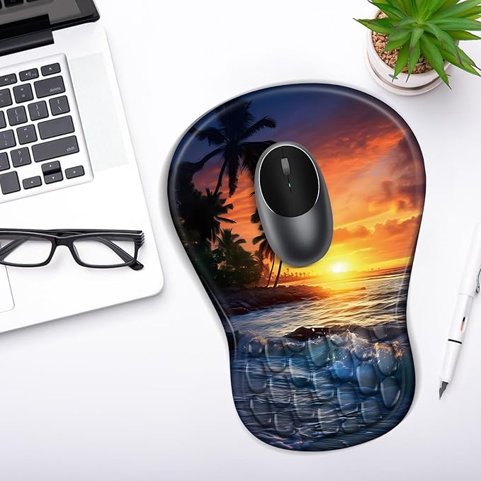 YIWEI Ergonomic Mouse Pad with Wrist Rest Support, Mousepad with Comfortable Memory Foam Wrist Rest and Non-Slip PU Base for Pain Relief, Computer, Laptop, Office, Home (Sunset Beach)