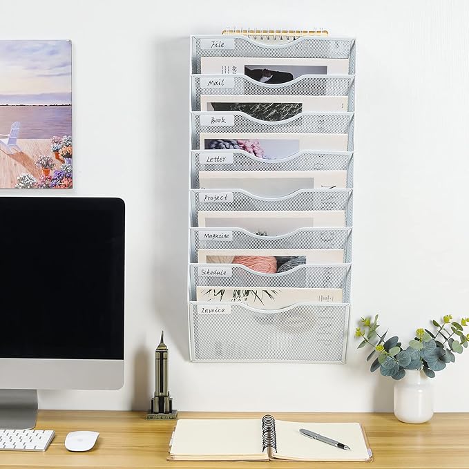 PAG Hanging Wall File Holder Organizer Mail Sorter Literature Rack for Office, 8 Pockets, White