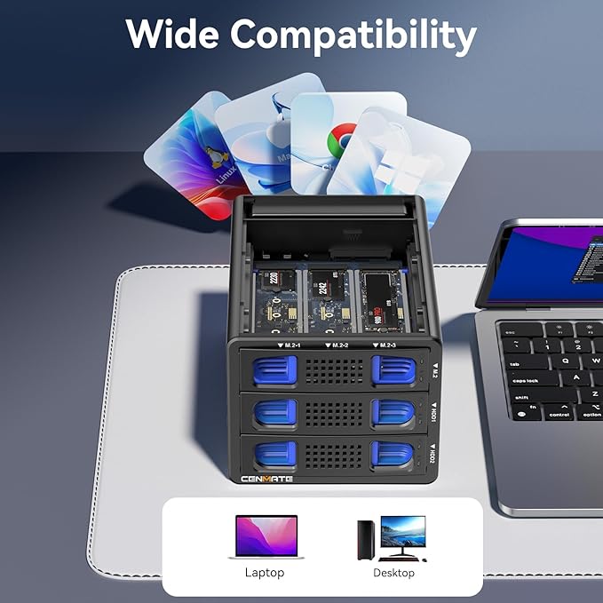 Hybrid 2*2.5/3.5" SATA HDD/SSD+3* M / B+M Key M.2 NVMe Enclosure with Cooling Fan and USB A/C 3.2 Gen 2, Hard Drive Enclosure Support 68TB(2*22TB HDD+3*8TB 2230/2242/2260/2280/22110 SSDs)