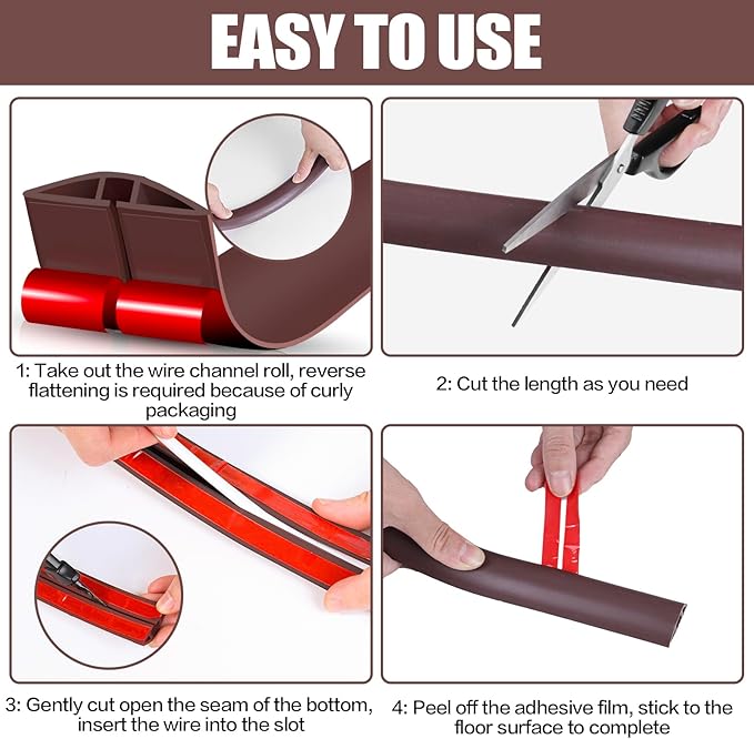 Floor Cord Cover Cavity 0.8"x0.37" Self Adhesive Cord Hider, 3.3FT Low Profile Cable Management, Extension Strip Protector for Wires, Prevent Cable Trips for Offices, Gyms, Exhibitions (Coffee)