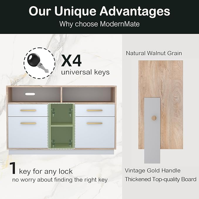 4 Drawer File Cabinet, Wood Filing Cabinet for Home Office with Lock, Power Strip, Storage Shelves, Home Office Lateral File Storage Fits Legal/Letter Size, Light Walnut