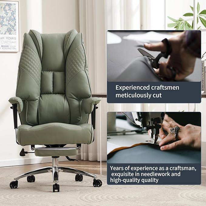 Big and Tall Office Chair 400lbs Wide Seat, Leather High Back Executive Office Chair with Foot Rest, Ergonomic Chairs Lumbar Support for Lower Back Pain Relief (Light Green)