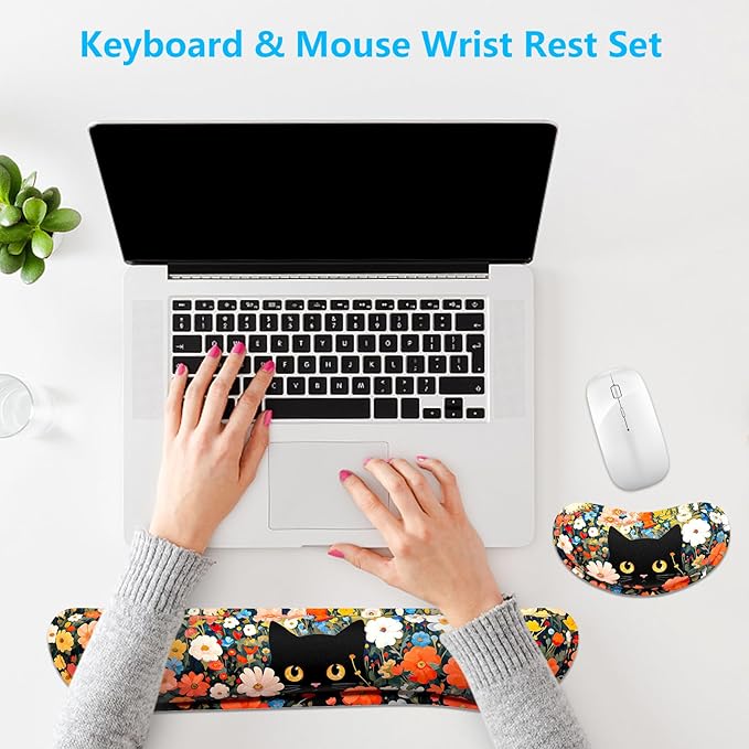 Dapesuom Enlarge Keyboard Wrist Rest, Memory Foam Wrist Cushion for Desk Mats Support, Typing Pain Relief Keyboard Mouse Pad Rests Set with Non-Slip Base for Gaming Laptop Computer, Cat Flower Bush