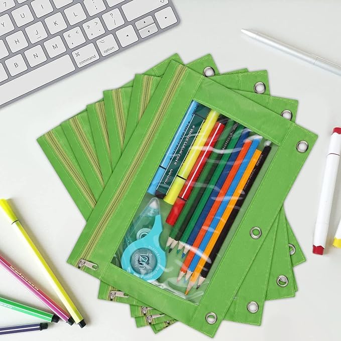 YoeeJob Pencil Pouch for 3 Ring Binder, Zipper Pencil Pouches Bulk, Pencil Case Pouch with Clear Window for Class, School, Office, Green, 24 Packs