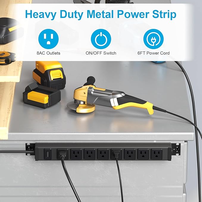 HHSOET Metal 360° Rotating Mountable Power Strip, 8 Outlet Gaming Table Mounted Outlet Strip, Heavy Duty Wall Mount Surge Protector with Switch, 15A 125V 1875W, 6ft Power Cord.(Black)