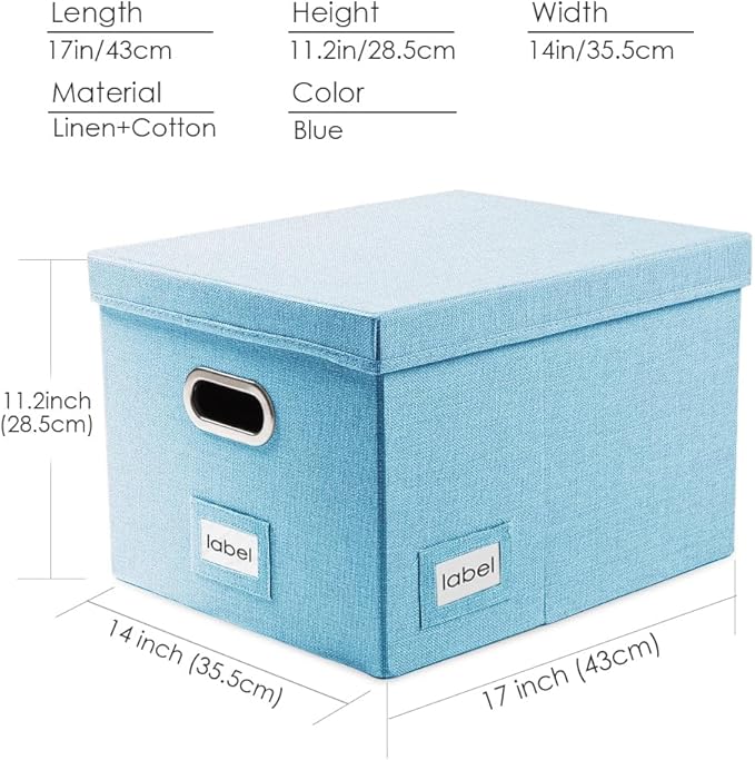 PRANDOM File Organizer Box - Set of 4 Collapsible Decorative Linen Filing Storage Hanging File Folders with Lids Office Cabinet Letter/Legal Size Blue 17.1x14x11.1 inch