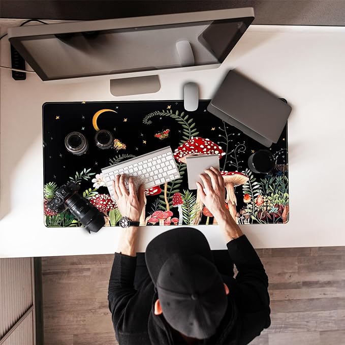 Ferns Leaves Cute Mushrooms Desk Mat Kawaii Green Plants Mouse Pad Xl Mat Large Gaming Desk Pad For Desk Decor Laptop Computer Keyboard Pad Desk Home Office For Women With Stitched Rounds 31.5x15.7 In