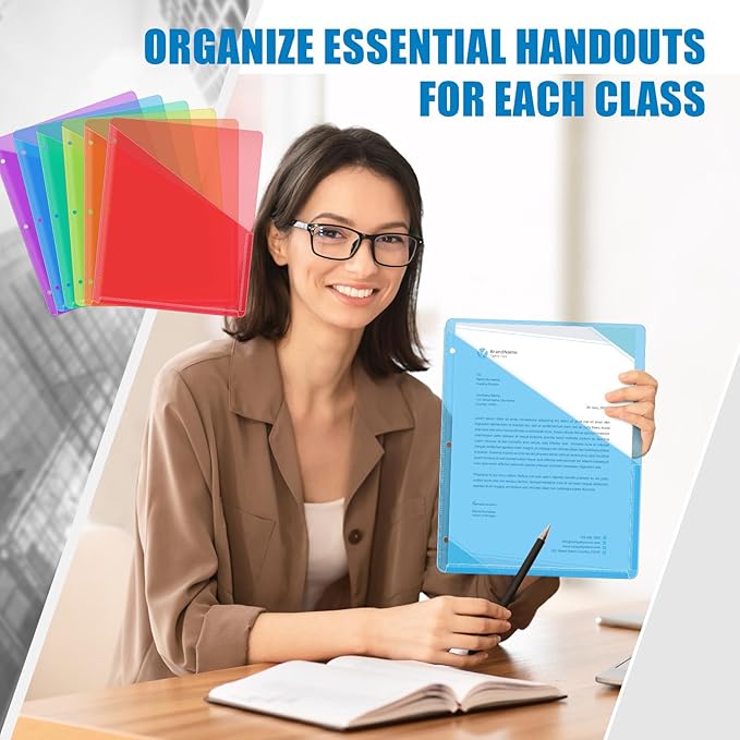 Seajan 24 Pcs Pocket Folders for 3 Ring Binder Clear Plastic Folders Sleeves with 2 Pockets 3 Hole Punch Binder Dividers Poly Slash File Jackets for Office School Document Organizer (Multicolor)