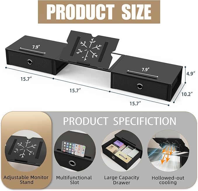 WESTREE Monitor Stand Riser with Adjustable Laptop Stand Riser, Steel Frame Dual Monitor Stand with Two Drawers for 2 Monitors, Desktop Oraganizer Stand for Computer,Laptop,Screen