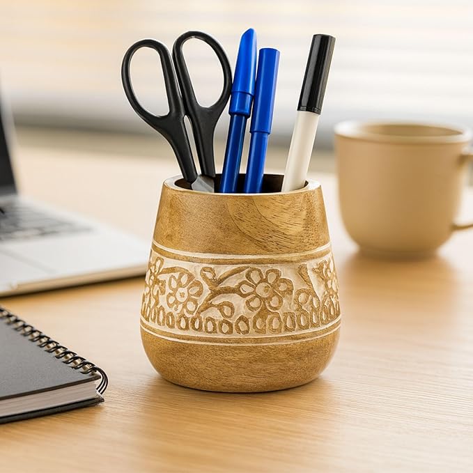Mie Creations Designer Pencil Holder for Desk Wood | Paintbrush Holder Cup, Desk Accessories, Cute Make Up Brush Organizers | Office Desktop, Wooden Pen Stand | Stationary, Art Supplies | White-4''
