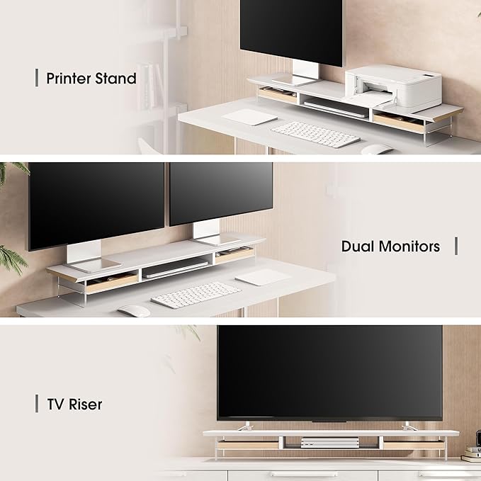 Fenge Acrylic Monitor Stand, 2 Tier Dual Monitor Riser with Solid Wood Drawers, 42.5 Inch Computer Stand for Two 27 Inch Monitors, Desk Shelf for PC, Laptop, Printer, TV, White
