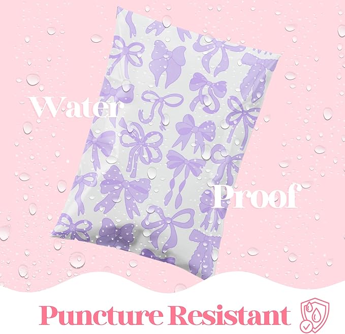 6x9 Designer Poly Mailer 100 Pack Heavy Duty Waterproof Self Seal Shipping Bags for Small Business Large Mailing Envelopes Bulk Tear Resistant Packaging Purple Bows