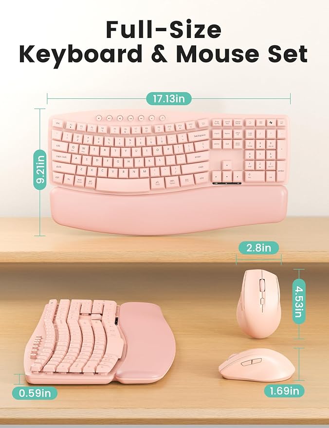 Pink Quiet Wireless Keyboard and Mouse Combo, 2.4G Ergonomic Wave Key Board with Cushioned Plam Rest, Full-Size Soft Typing Keyboards, 3 DPI Adjustable Silent Mouse for Computer/Laptop/Windows/Mac