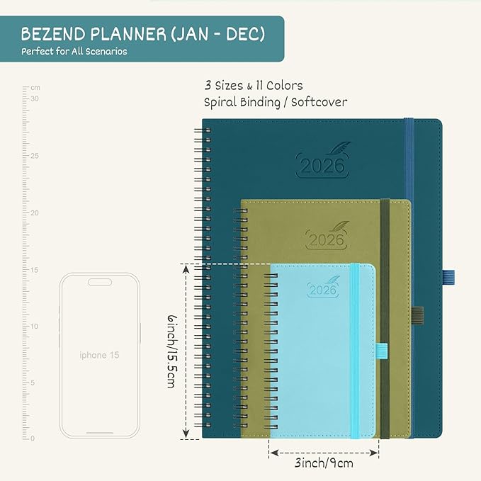 BEZEND Pocket Calendar 2026 Weekly and Monthly (3.5" x 6" Spiral) Small Daily Planner for Purse (Jan-Dec) with Notes & Expenses, Inner Pocket, Pen Holder, Vegan Leather Softcover - Turquoise