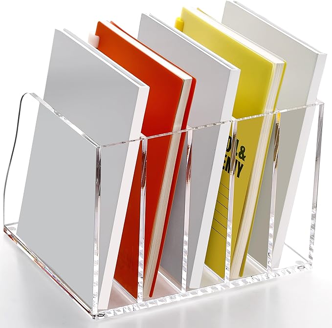 SANRUI Acrylic Desk File Organizer, 5 Vertical Compartments Clear Magazine File Holder Workspace Sorters, Folder Rack for Office Accessories Organization Storage