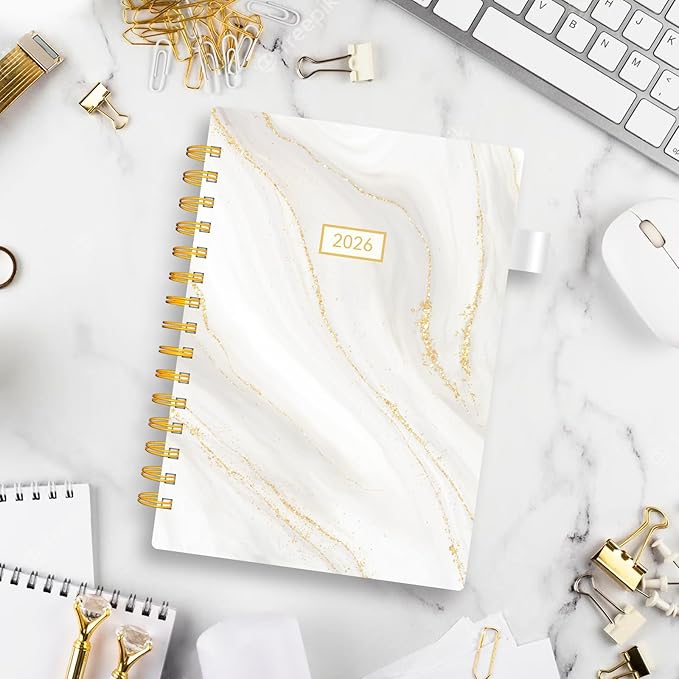 2026 Planner Weekly and Monthly, AIMPEAK Weekly Planner 2026 with Tabs, Jan. 2026 - Dec. 2026, Calendar Planner for Women, Pen Loop, Flexible Cover,Spiral Binding, White Marble, 5.5" x 8.5"