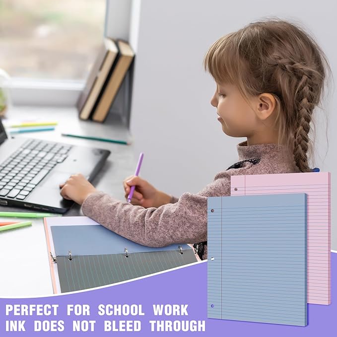 PerKoop 12 Pack 600 Sheets Colored Lined Paper Bulk Wide Ruled 8 x 10.5 Inches, Pastel Loose Leaf Notebook Paper 3 Hole Punched Filler for Back School Classroom Supplies(Elegant Color)
