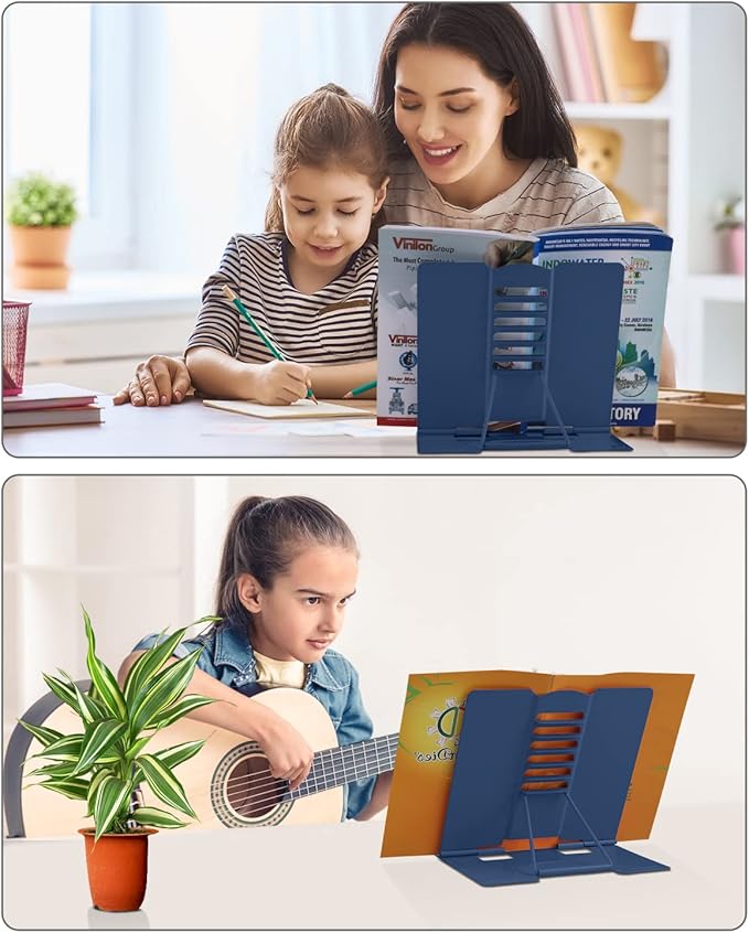 MSDADA Book Stand Metal Reading Rest Book Holder Adjustable Cookbook Documents Holder Portable Sturdy Bookstands for Recipes Textbooks with Page Clips Birthday Gifts for Girls Mom Students(Royal blue)