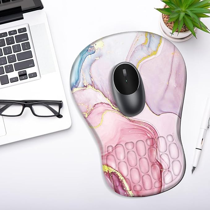 YIWEI Ergonomic Mouse Pad with Wrist Rest Support, Mousepad with Comfortable Memory Foam Wrist Rest and Non-Slip PU Base for Pain Relief, Computer, Laptop, Office, Home (Pink Marble)