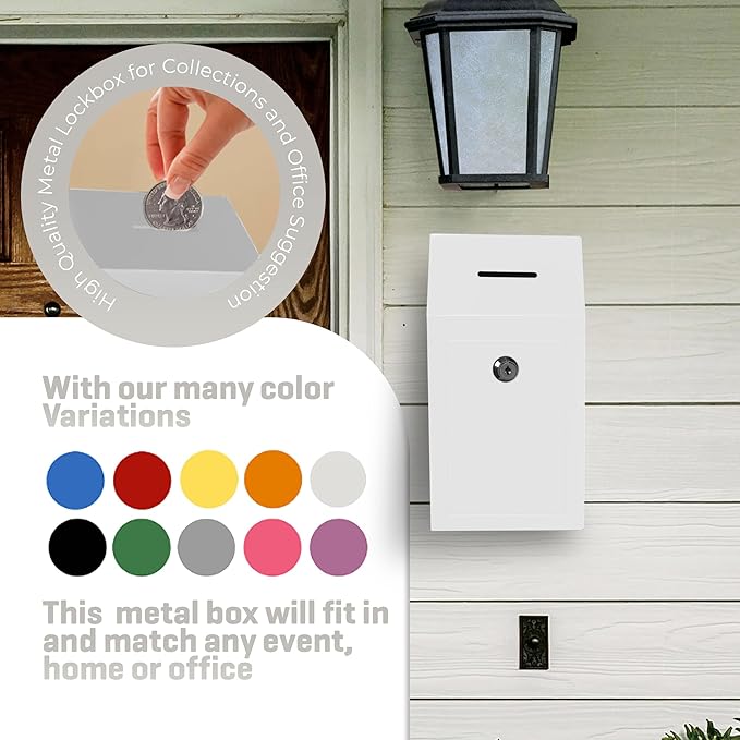 Metal Donation Box-Suggestion Box with Slot and lock-Cash Lock box for Money-Secure Drop Box-Comment and ballot voting box-comes with pre-drilled holes for easy wall mounting 10 X 6 X 2.5"(Off White)