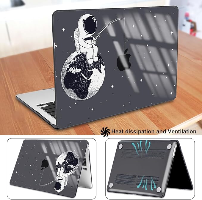 for MacBook Air 13.6 inch Case 2025 2024 2023 2022 Release Model A3240 M4 A3113 M3 A2681 M2, Crystal Black Printed Pattern Plastic Hard Shell for 2025 Mac Air 13.6 M4 Cover, Astronaut Earth