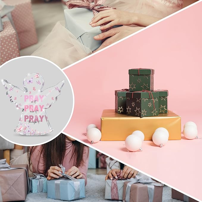 Pink Home Office Desk Accessories, Acrylic Memorial Gift, Dorm Room Decor for Women, Christian Gifts for Women, Remembrance Gifts, Pray Over It- Bible Verse Desk Art(Angel Style)