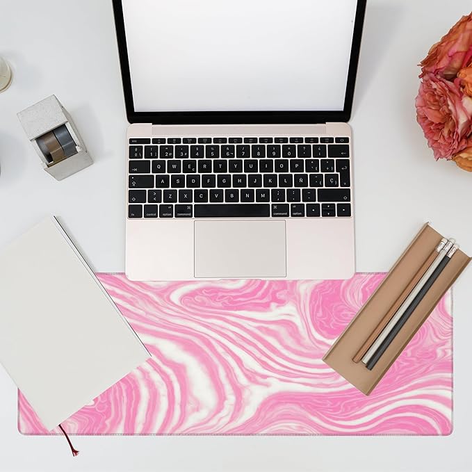 Desk Pad,Pink Marble Swirls Texture Desk Mat,Flow Liquid Waves Large Gaming Mouse Pad for Desk,Extended Big Computer Keyboard Mouse Pad with Non-Slip Base and Stitched Edge,31.5"x11.8"