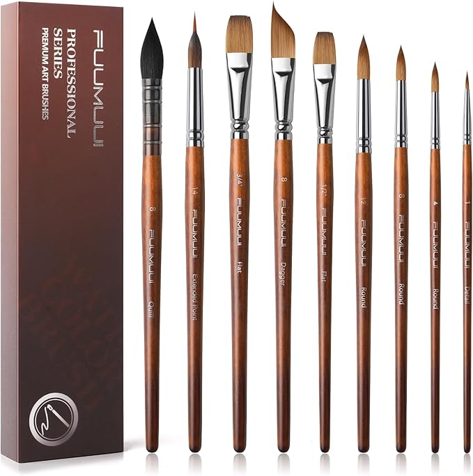 Watercolor Brushes Professional, Fuumuui 9pcs Sable Paint Brushes & Natural Squirrel Mop Brush Set with Extended Needle, Round Point, Flat, Dagger, Quill Wash for Watercolor Gouache Inks