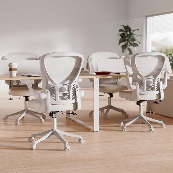 GYI Computer Desk Chair, Ergonomic Office Desk Chairs with Mesh Back, Adjustable Lumbar Support, Height, 3D Flip-up Arms, Wheels, Rocking Function (All White)
