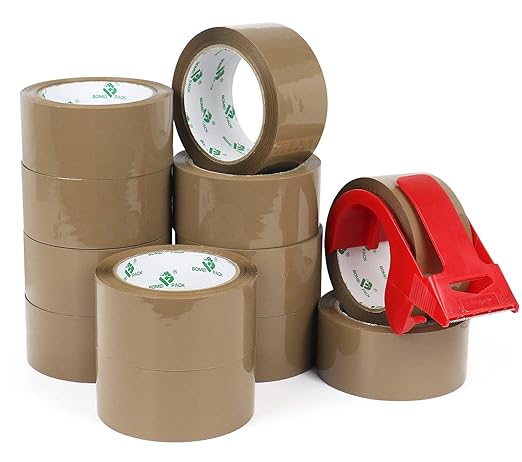 BOMEI PACK Brown Packing Tape Refills, Heavy Duty 12Rolls with 1 Dispenser for Packaging, Shipping and Moving, 2.6Mil 1.88 Inch x 60 Yard