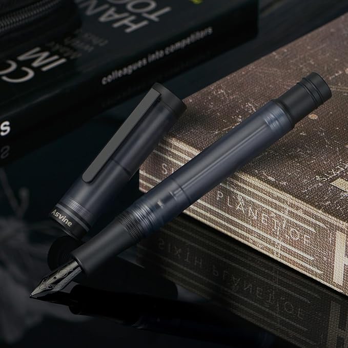 Asvine V200 Titanium Fountain Pen Vacuum Filling, Matte Black Extra Fine Nib Clear Demonstrator Acrylic with Pen Case and Wrench