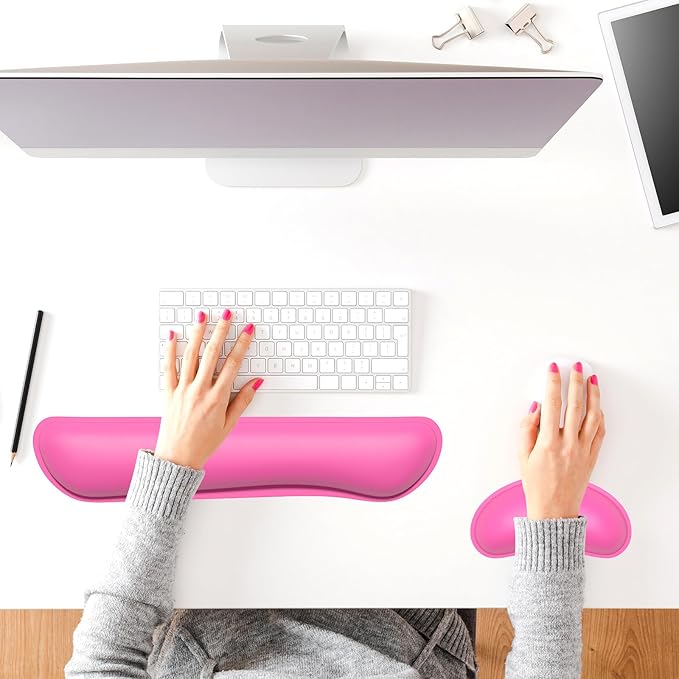Dapesuom Keyboard Wrist Rest Set, Cute PU Leather Wrist Cushion for Computer Keyboard and Mousepad, Memory Foam Mouse Pad Rests Support with Non-Slip Base for Typing Pain Relief, Laptop, Hot Pink