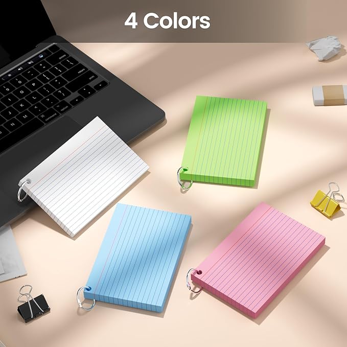 160-Pack Colored Index Cards 4x6 Inch w/Key Ring – 180gsm Heavyweight Flashcards – 4 Vibrant Colors Flash Cards (White Pink Blue Yellow) – Perfect for Study, Notes & Memory, Students School Supplies