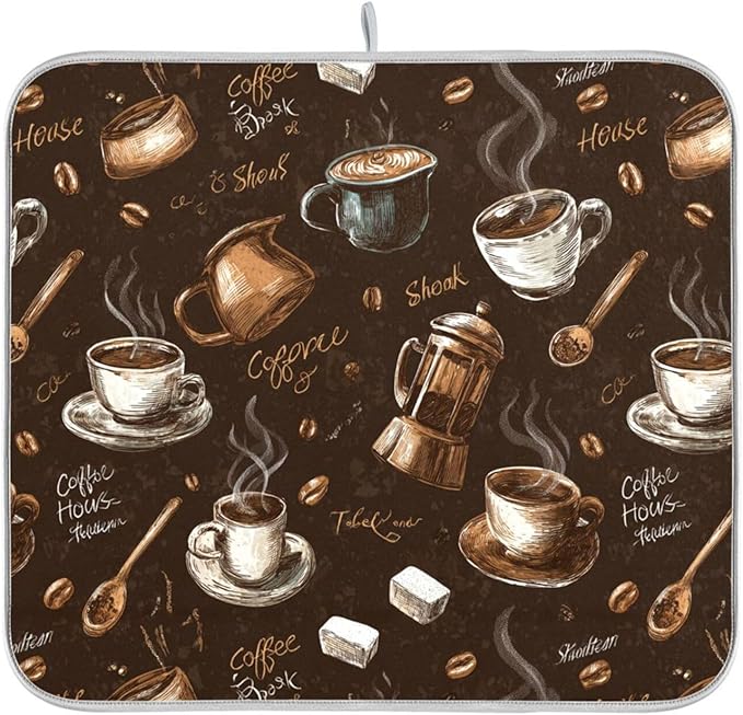 Coffee Beans Dish Drying Mat for Kitchen Counter 16 x 18 Inch Absorbent Microfiber Dry Dishes Mats Drainer Mat Dish Drying Pad for Countertops