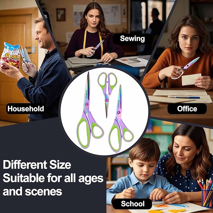 Scissors All Purpose, Sharp Titanium Blades Shears, Rubber Soft Grip Handle, Multipurpose scissors 3 pack, Great for Office, Fabric, Craft, Sewing, Arts, School and Home Supplies, Green