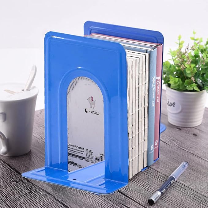 Metal Book Ends for Office Home, Book Shelf Holder Home Decorative, Book Ends for Heavy Books/Movies/CDs, Blue 6.5 x 5 x 5.7 in, 4 Pair/ 8 Piece
