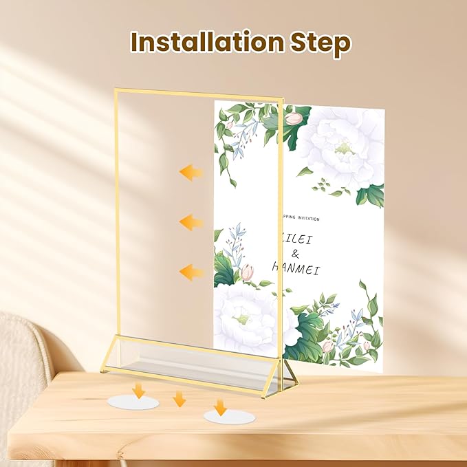 Gold Frames 5X7 Acrylic Sign Holder Double-Sided Tabletop Picture Frames for Menu Holder Wedding Table Number Holder Christmas Photo Frames with Removable Sticky Dots-3 Pack