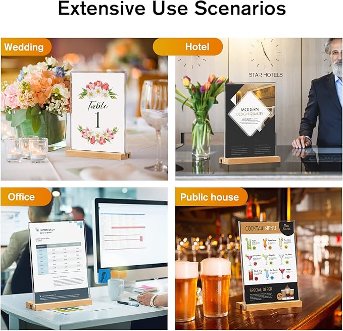 MaxGear L/T Shape Acrylic Sign Holder, 8.5 X 11 Clear Table Display Stand with Wooden Base, Flyer Menu Holder Photo Frames Paper Stand for Office, Wedding, Restaurants, Hotels 6 Pack