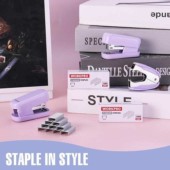WORKPRO Small Stapler with Staples, Purple Stapler Set Includes Two Mini Staplers, One Staple Remover, 2000 Standard Staples - Cute Staplers for Desk with Non-Slip Base, Lock Design, Colorful