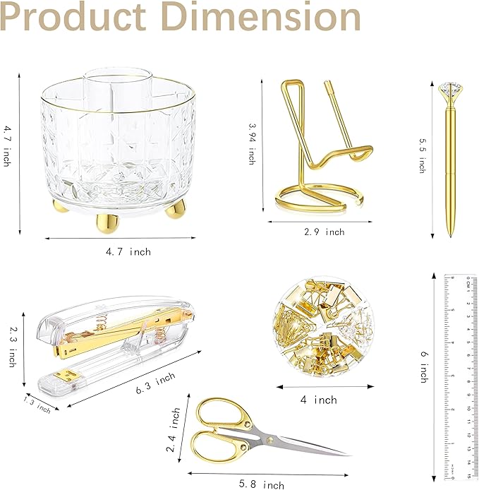 Gold Desk Accessories, Office Desk Organizers and Accessories 360°Pen Holder Acrylic Stapler Set, Phone Holder, Ballpoint Pen, Scissor, Binder Clips, Ruler, Transparent Glue, Sticky Note and Staples.