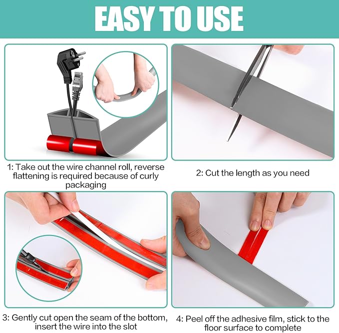 Floor Cord Cover Cavity 0.8"x0.37" Self Adhesive Cord Hider, 10FT Low Profile Cable Management, Extension Strip Protector for Wires, Prevent Cable Trips for Offices, Gyms, Exhibitions(Gray)