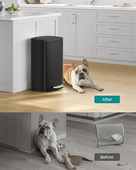 SONGMICS 13 Gallon (50 L) Trash Can, Stainless Steel Kitchen Garbage Can, Recycling or Waste Bin, Soft Close, Step-On Pedal, Removable Inner Bucket, Black ULTB050B01