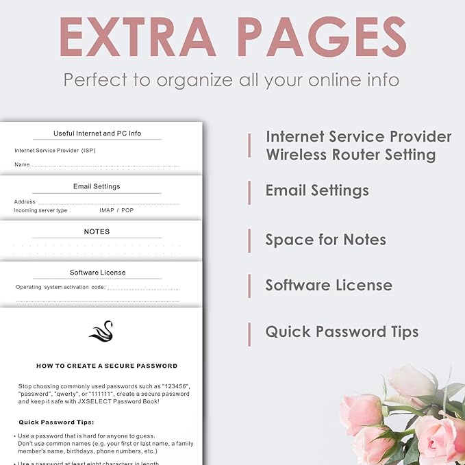 Elegant Password Book with Alphabetical Tabs - Hardcover Password Book for Internet Website Address Login - 7" x 10" Password Keeper and Organizer w/Notes Section & Back Pocket (Rose Gold)