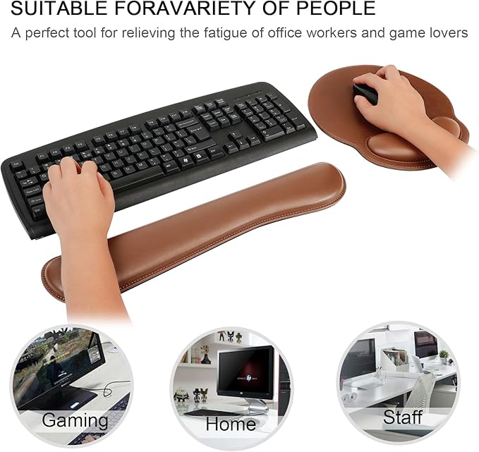 RICHEN Ergonomic PU Leather Keyboard Wrist Rest and Mouse Pad with Wrist Support, Memory Foam Set for Computer/Laptop,Gaming and Office, Comfortable for Easy Typing & Pain Relief (PU Brown)