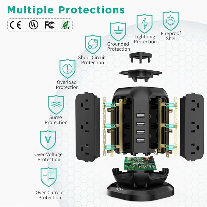 Power Strip Tower with USB Ports-AiJoy Surge Protector with 12 AC Outlet and 4 USB Ports, 10 Ft Extension Cord with Multiple Outlets, Charging Station with Overload Protection, for Home Office Dorm