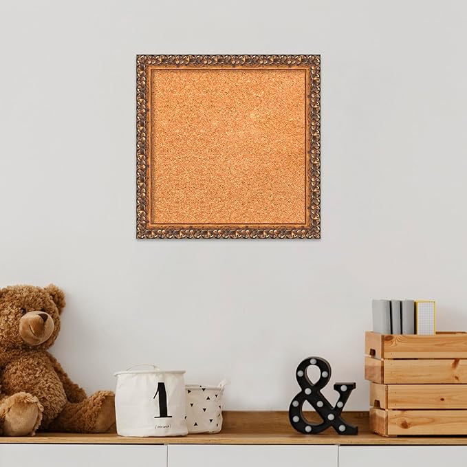 Amanti Art Natural Cork Board for Wall, 14x14 Vision Board with Bronze Frame, X-Small Corkboard Office Decor for Home Organization, Traditional Corkboard Pinboard to Display Items for Home