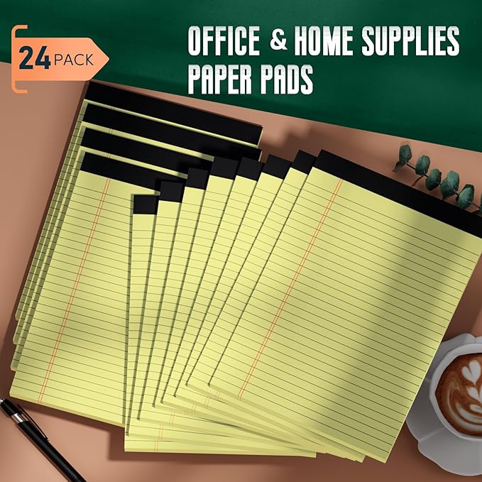 24 Pack Yellow Legal Pads 8.5 x 11 Note Pads, Wide Ruled Notepads, Micro Perforated Lined Note Writing Pads 30 Sheets per Notepad Double-Side Printed Legal Note Pad 8.5x11 for Home, Office, School