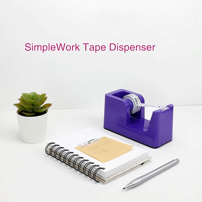 ABEL SimpleWork Desktop Tape Dispenser, Purple, 1 in Core, Non-Skid Weighted Base, Tape Cutter for Office, Home, School, and Crafts